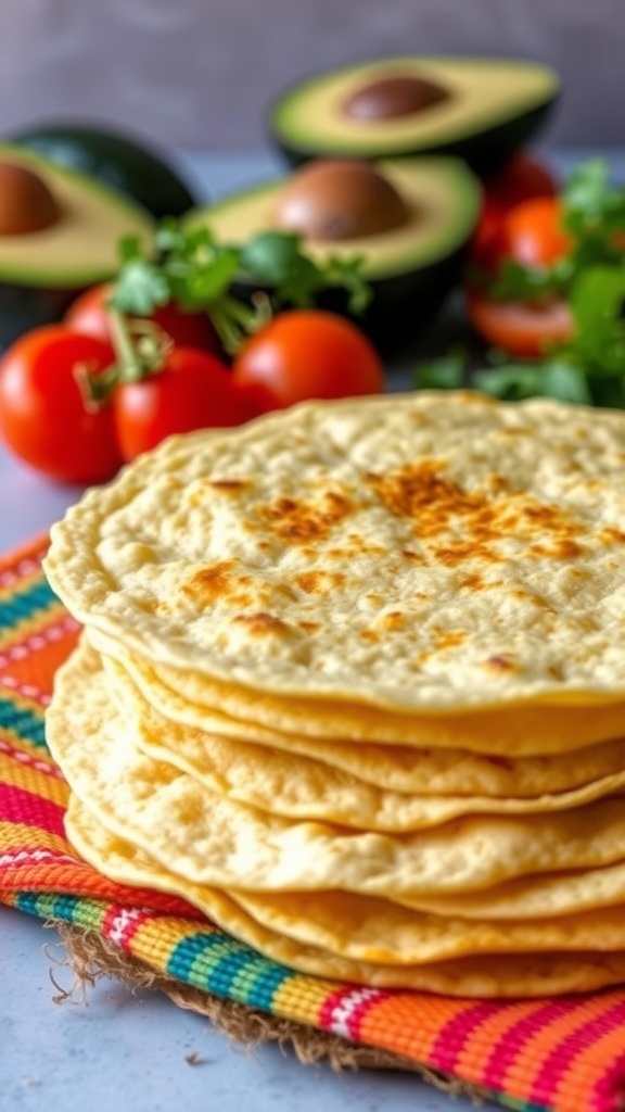 Homemade Corn Tortillas Recipe A stack of homemade corn tortillas on a colorful cloth with fresh ingredients for tacos.